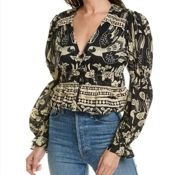 NWOT Farm Rio Black Ivory Graphic Floral Printed Blouse size Small - Picture 1 of 6